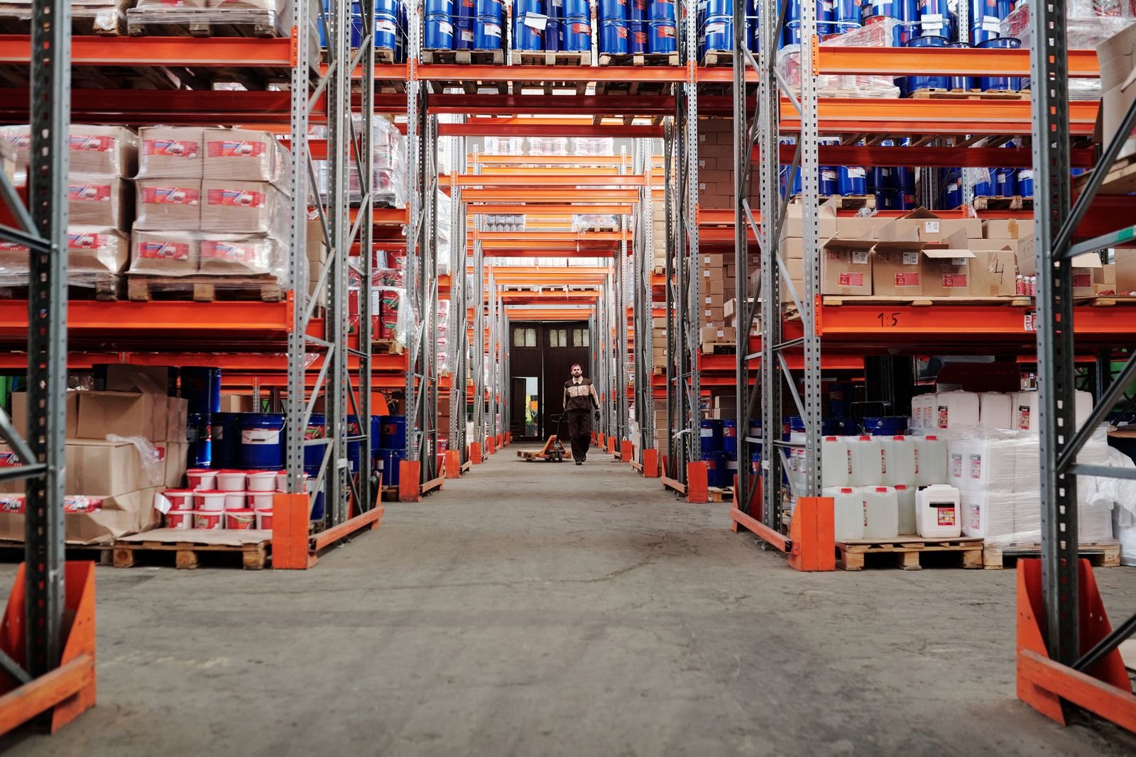 Industrial supplies organised in a stocked warehouse